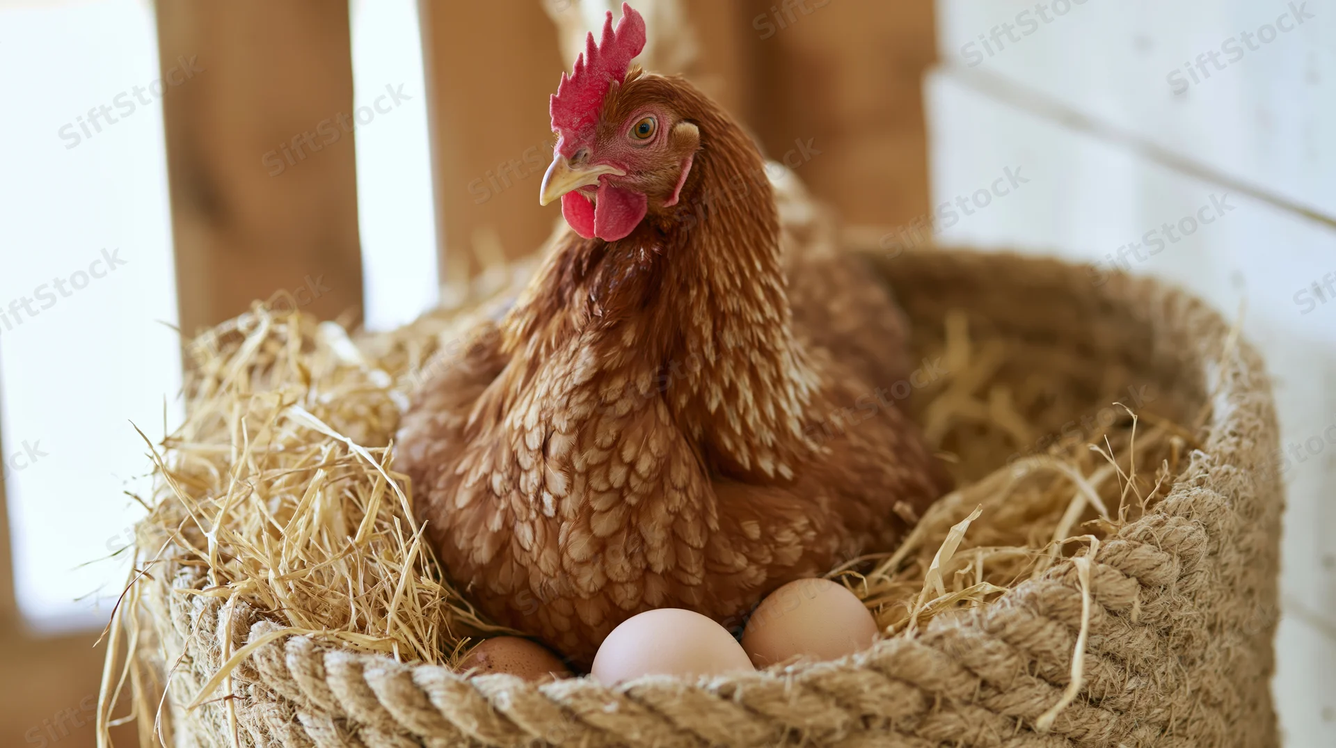 Brown hen sitting in woven rope basket filled with straw and eggs inside coop
