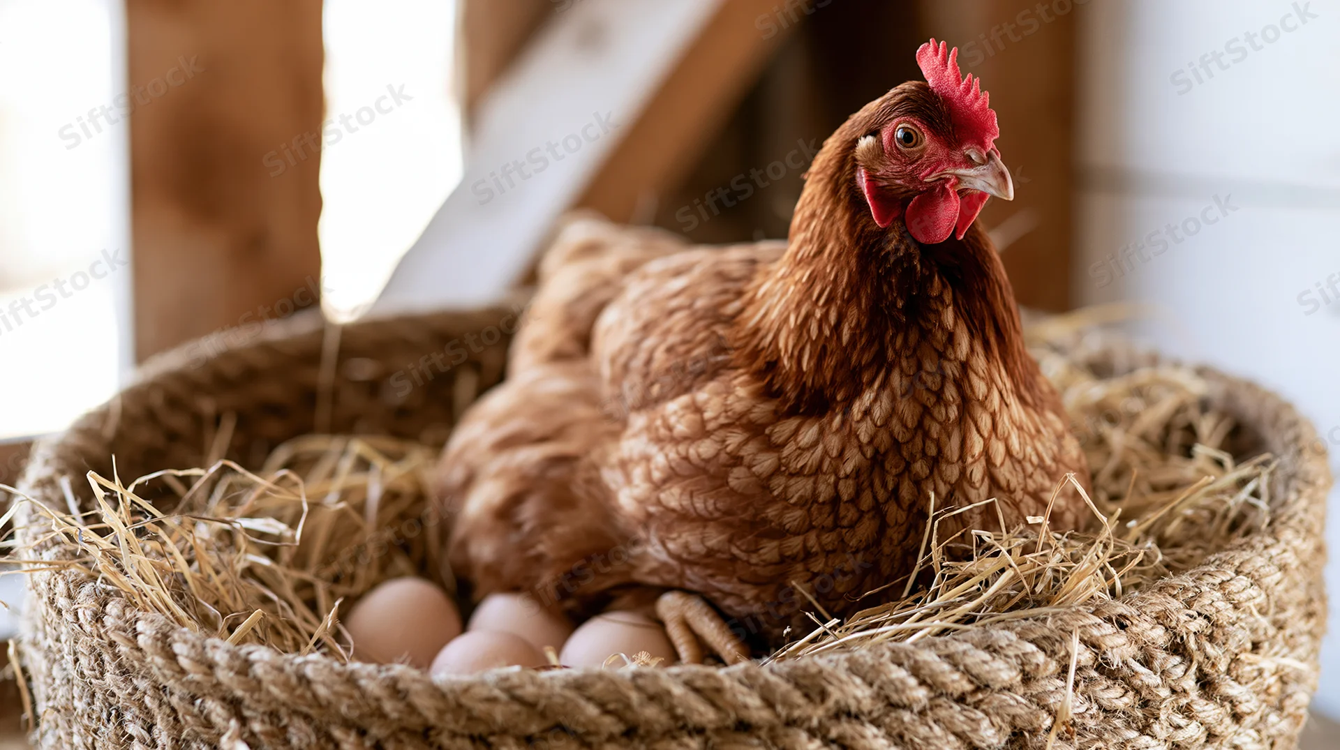 Brown hen brooding over eggs in a woven rope basket inside a barn