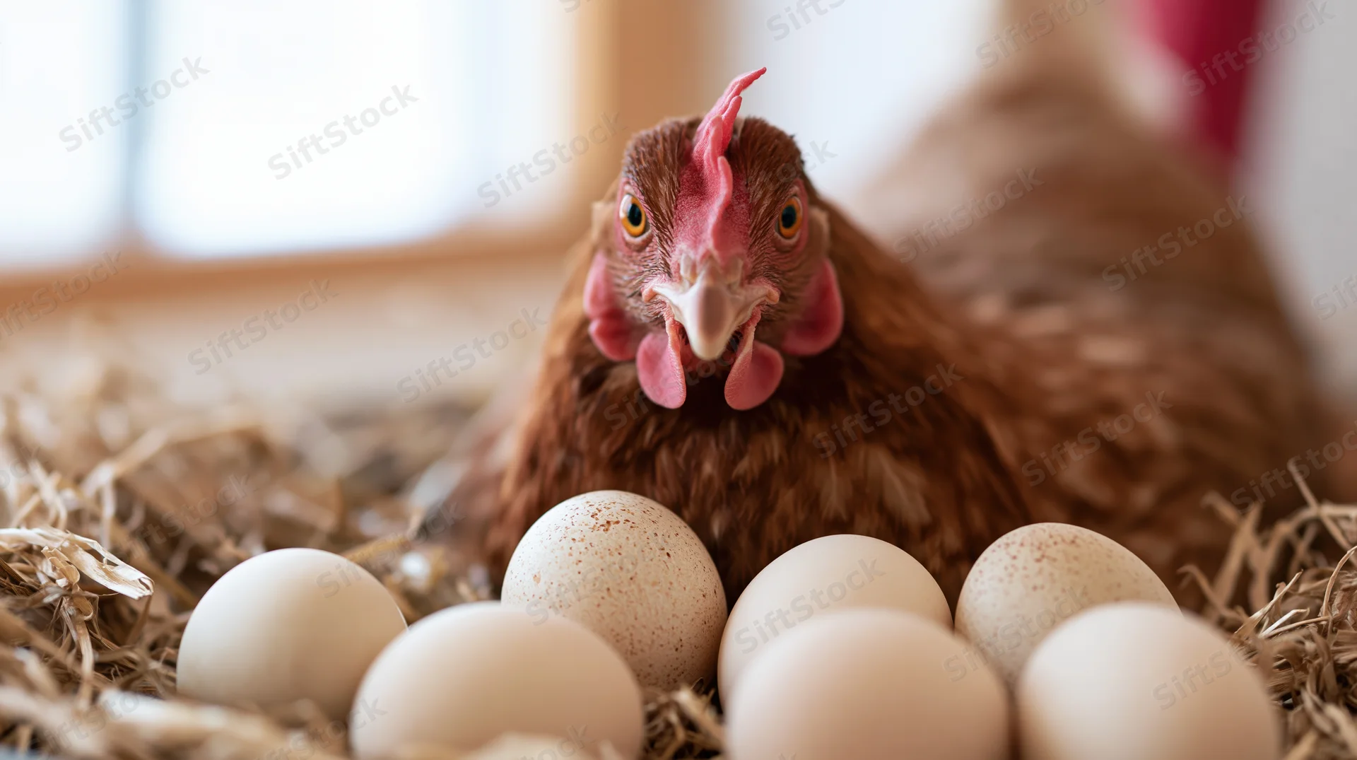 Brown hen sitting in straw nest surrounded by eggs