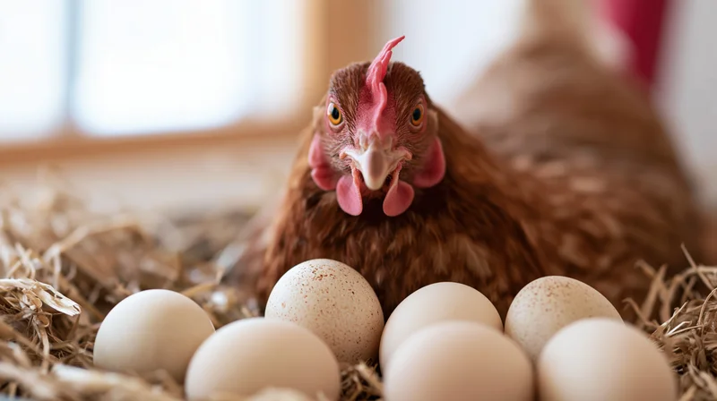 Brown hen sitting in straw nest surrounded by eggs
