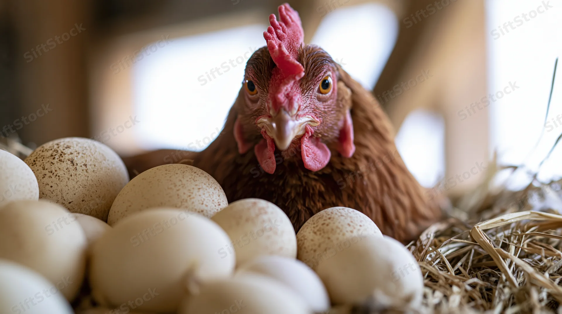 Brown hen sitting in straw nest surrounded by eggs in barn