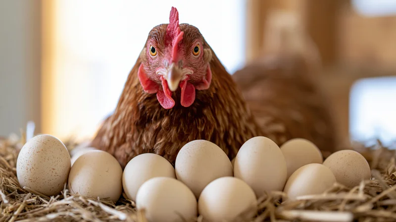 Brown hen sitting in straw nest surrounded by eggs