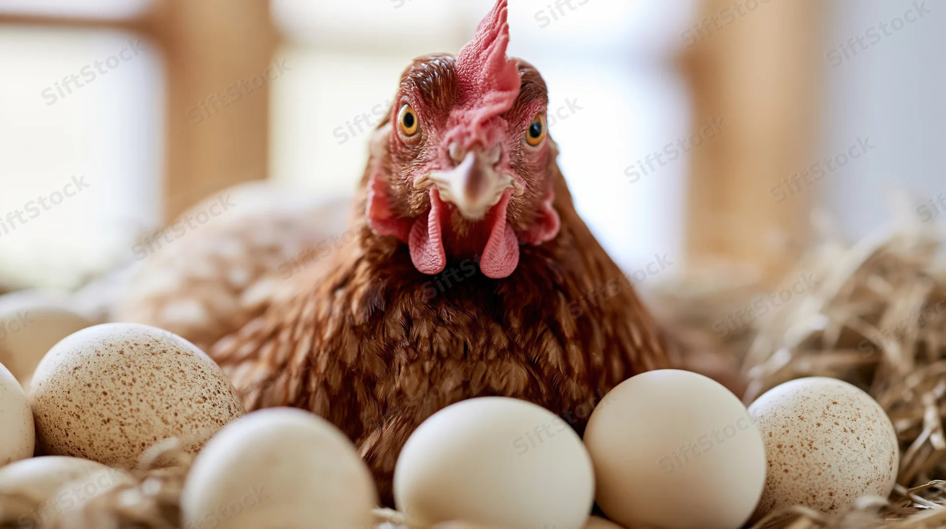 Brown hen sitting in straw nest surrounded by eggs, front view closeup