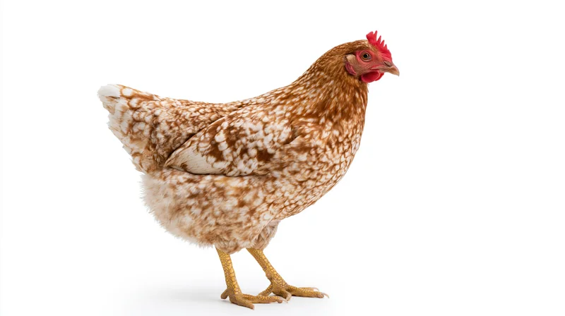 Speckled hen standing alert in profile against white background
