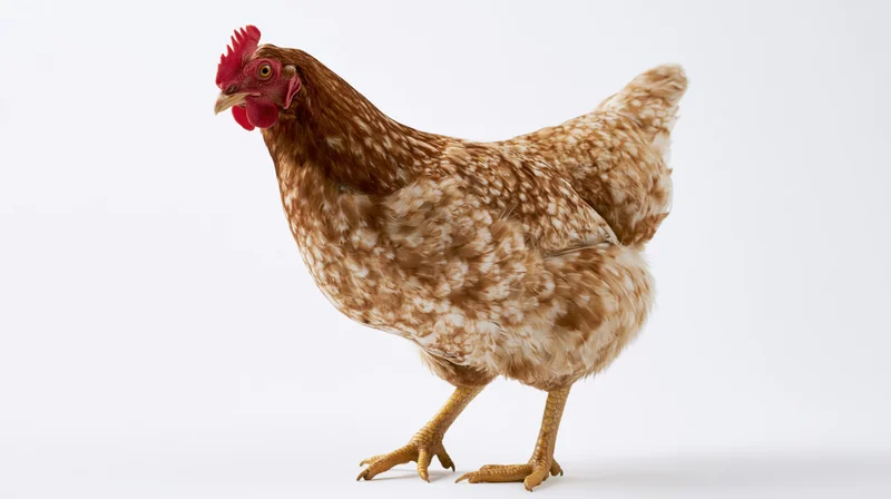 Brown and white speckled hen standing alert in profile against white background