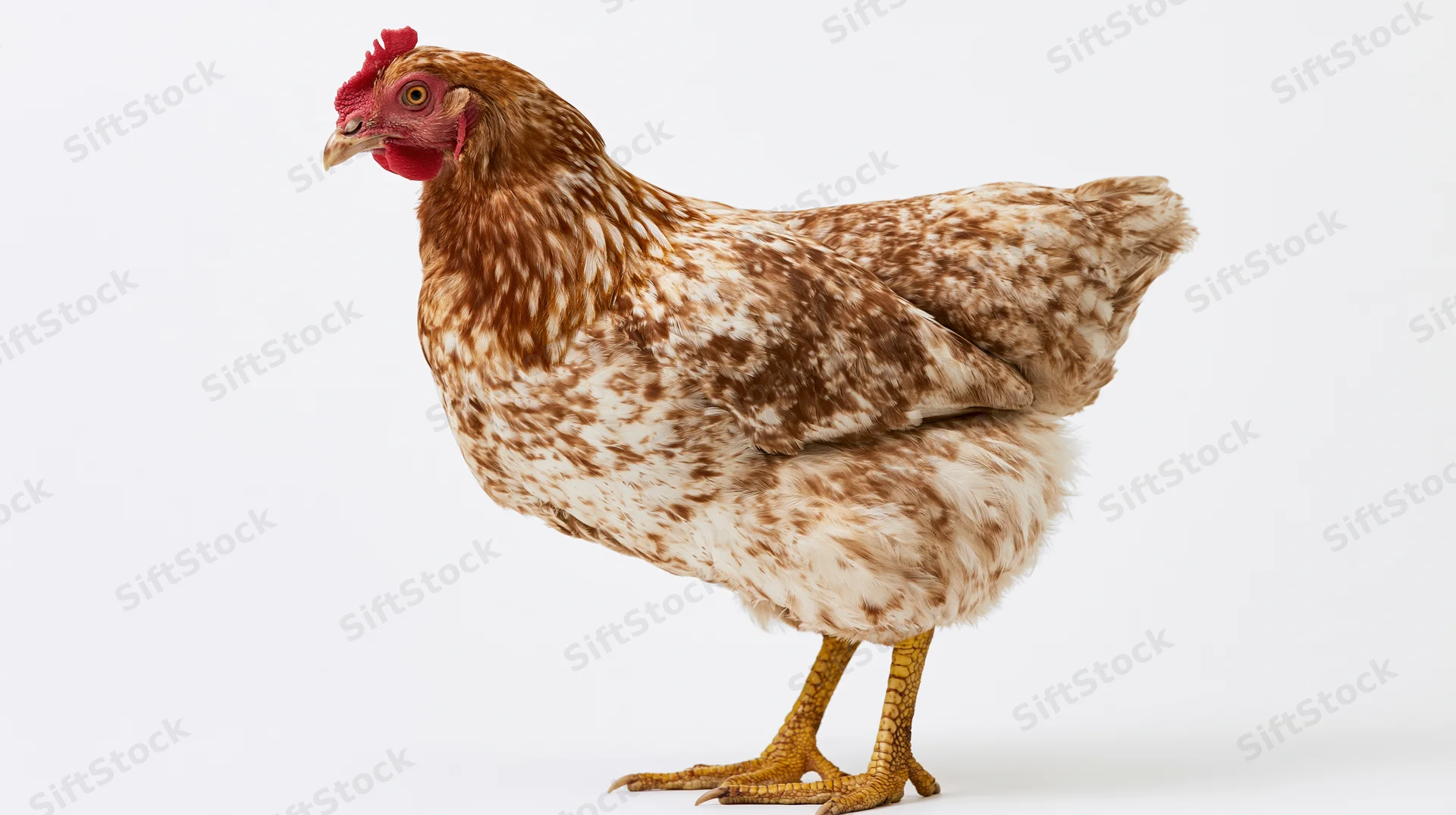 Speckled hen standing alert in profile against white background