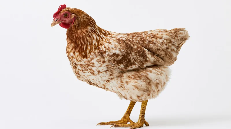 Speckled hen standing alert in profile against white background