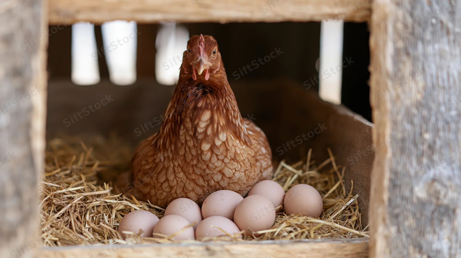 Brown hen sitting upright in a wooden nesting box filled with eggs on straw bedding