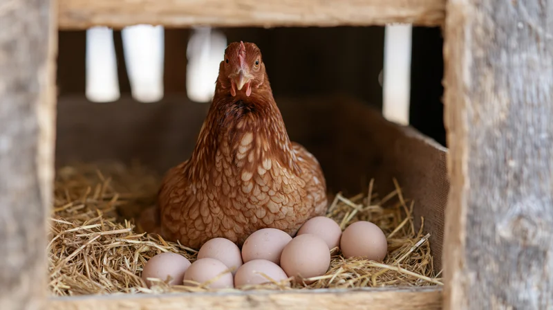 Brown hen sitting upright in a wooden nesting box filled with eggs on straw bedding