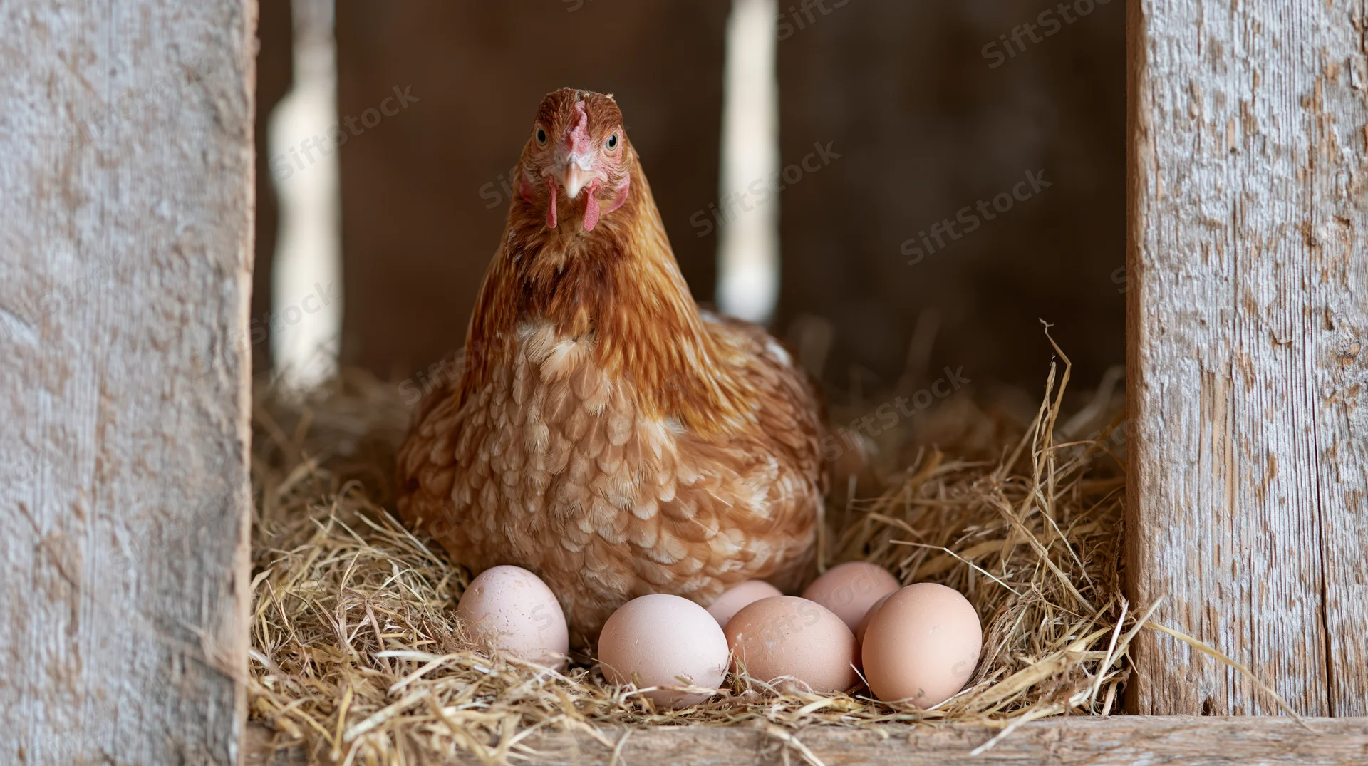 Brown hen sitting upright in a straw-filled wooden nesting box with eggs around it