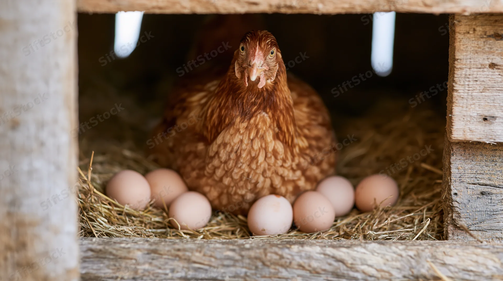 Brown hen sitting upright in a wooden nesting box surrounded by eggs on straw bedding