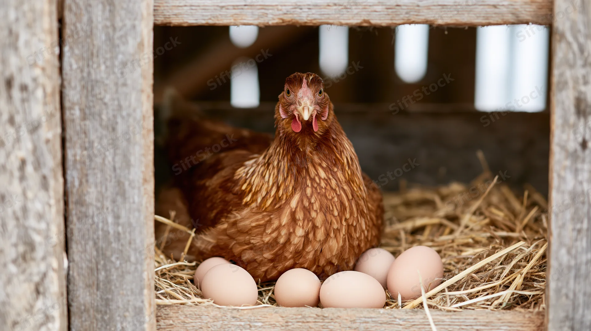 Brown hen sitting upright in a wooden nesting box with eggs surrounded by straw