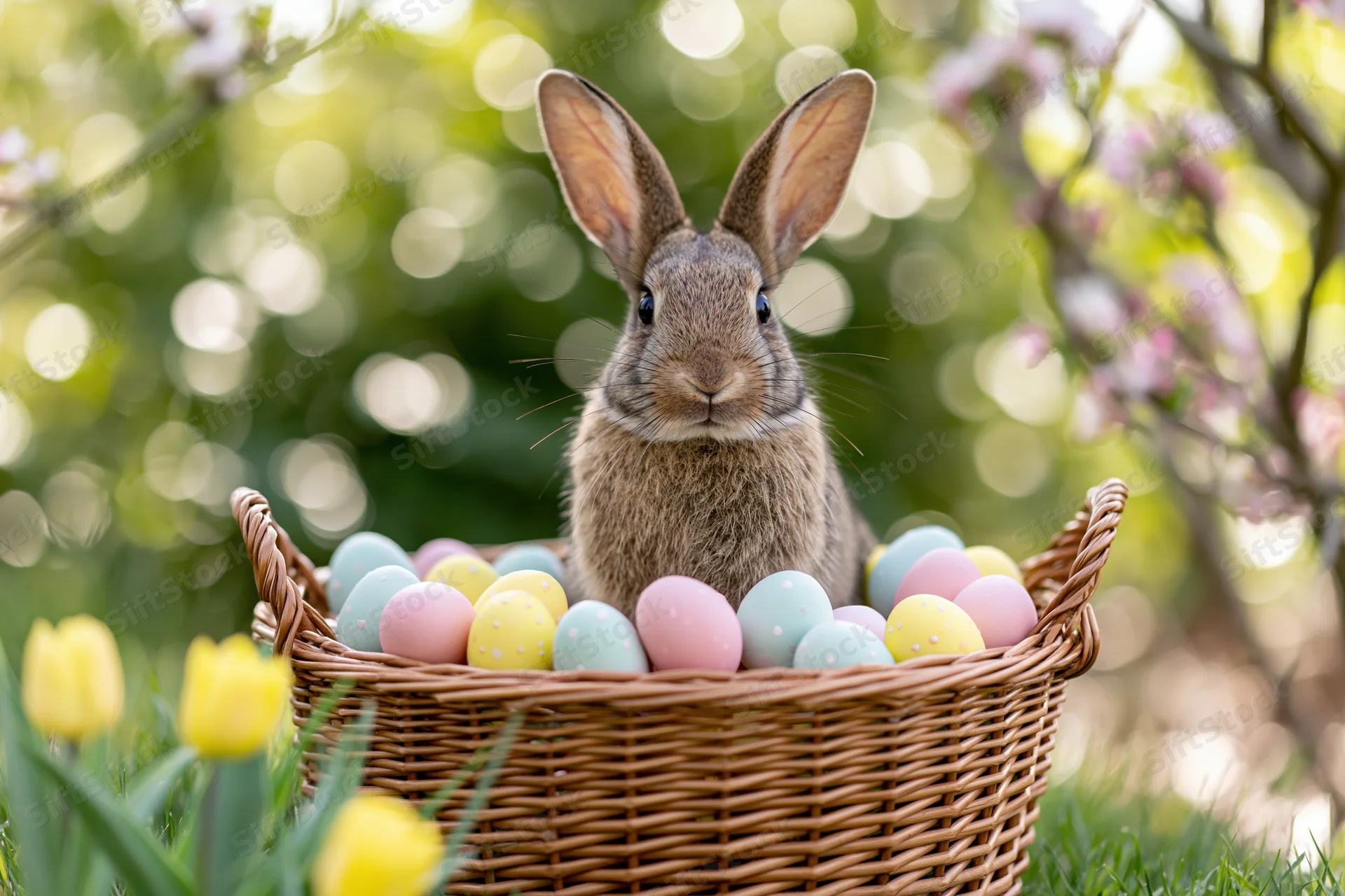 Brown rabbit sitting upright in a wicker basket filled with colorful easter eggs among spring flowers in a garden