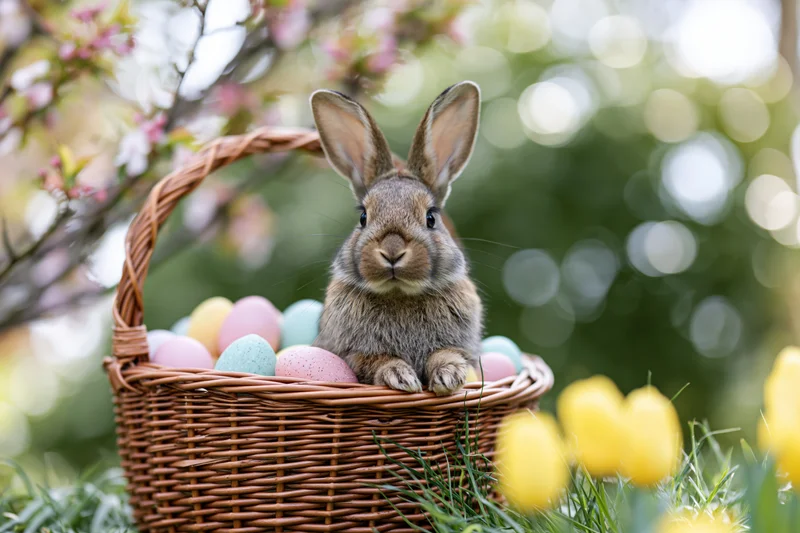 Brown rabbit sitting upright in a wicker basket filled with pastel eggs among spring flowers in a garden