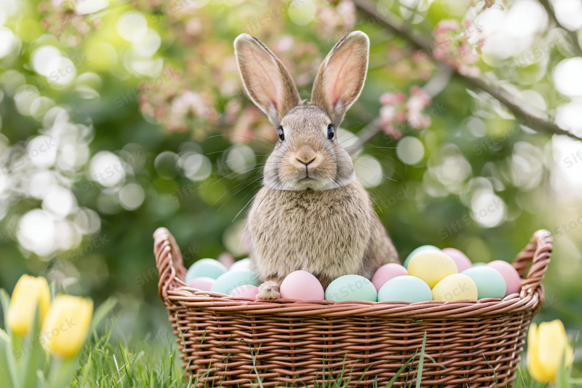 Brown rabbit sitting upright in a wicker basket filled with pastel eggs on grass with blooming trees and tulips in spring garden