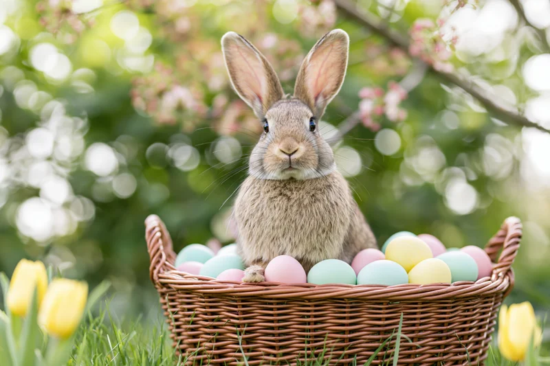 Brown rabbit sitting upright in a wicker basket filled with pastel eggs on grass with blooming trees and tulips in spring garden