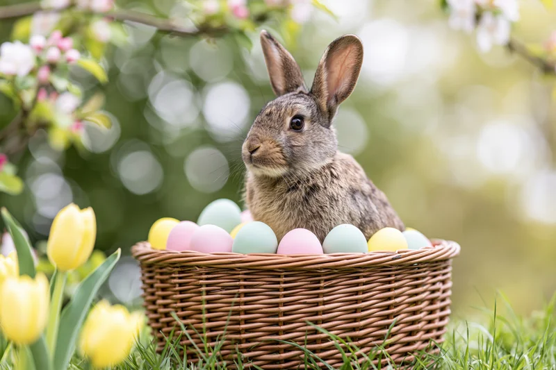 Brown rabbit sitting upright in a wicker basket filled with pastel eggs on grass near blooming tulips and flowering branches