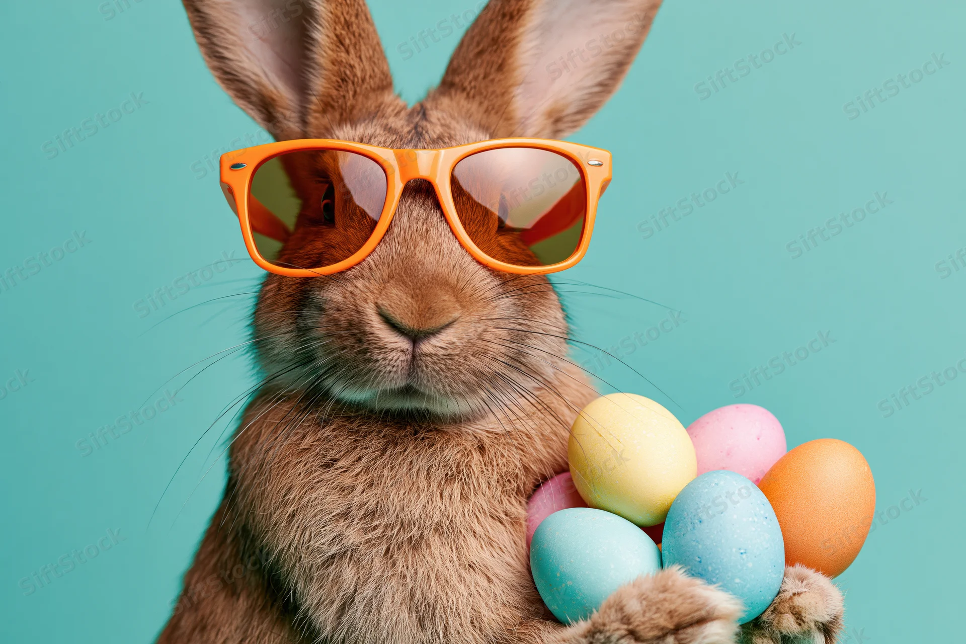 Brown rabbit wearing orange sunglasses holding colorful eggs against teal background