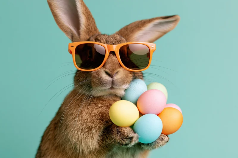 Brown rabbit wearing orange sunglasses holding colorful easter eggs against teal background
