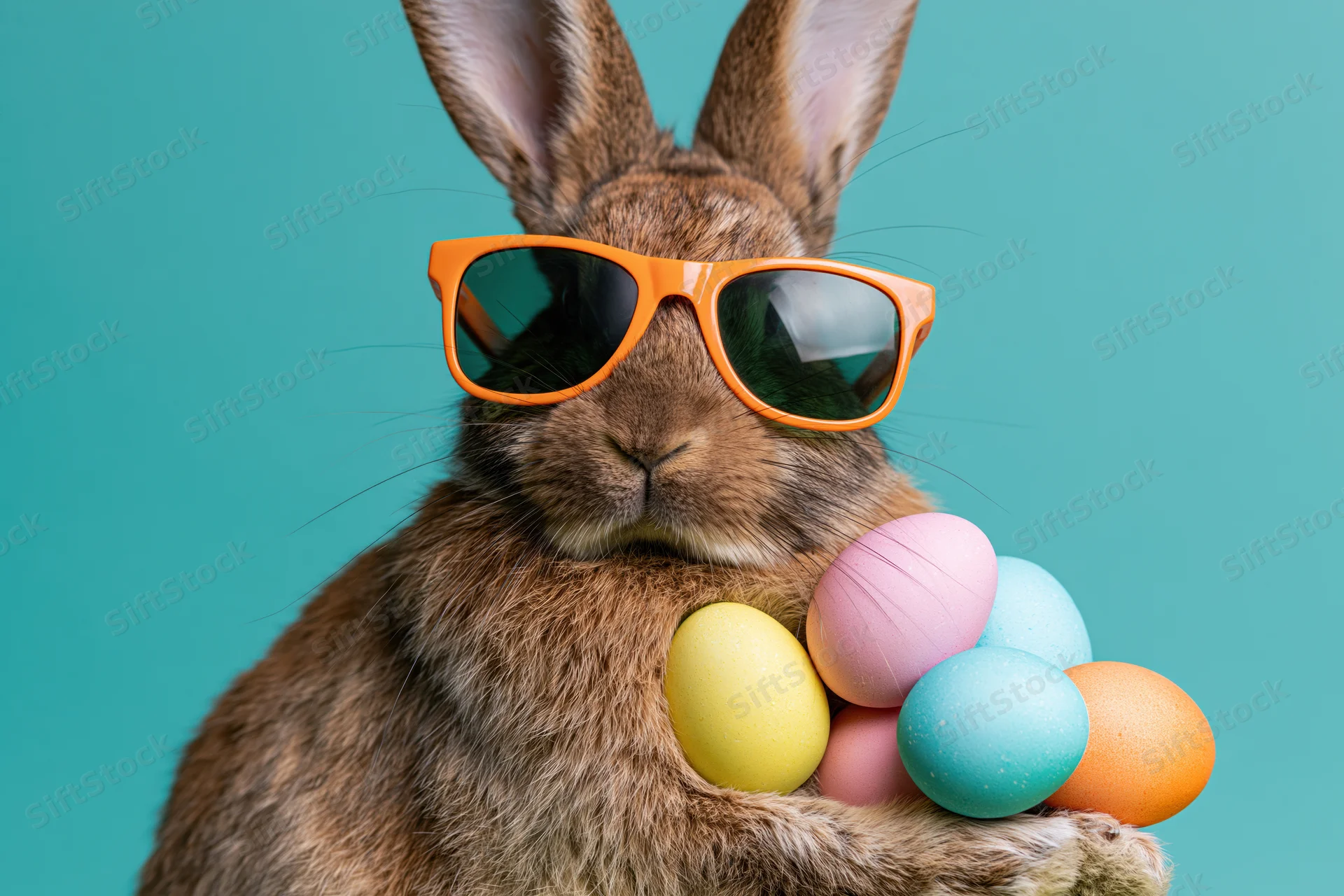 Brown rabbit wearing orange sunglasses holding colorful easter eggs against teal background