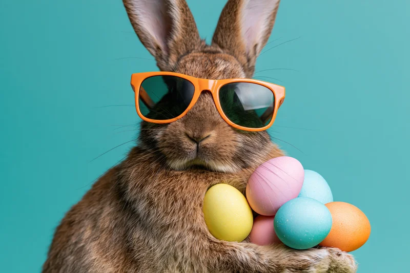 Brown rabbit wearing orange sunglasses holding colorful easter eggs against teal background