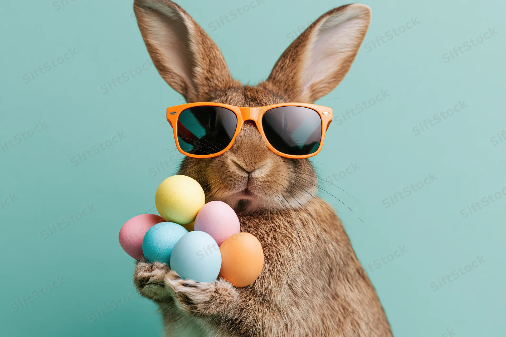 Brown rabbit wearing orange sunglasses holding colorful eggs against teal background