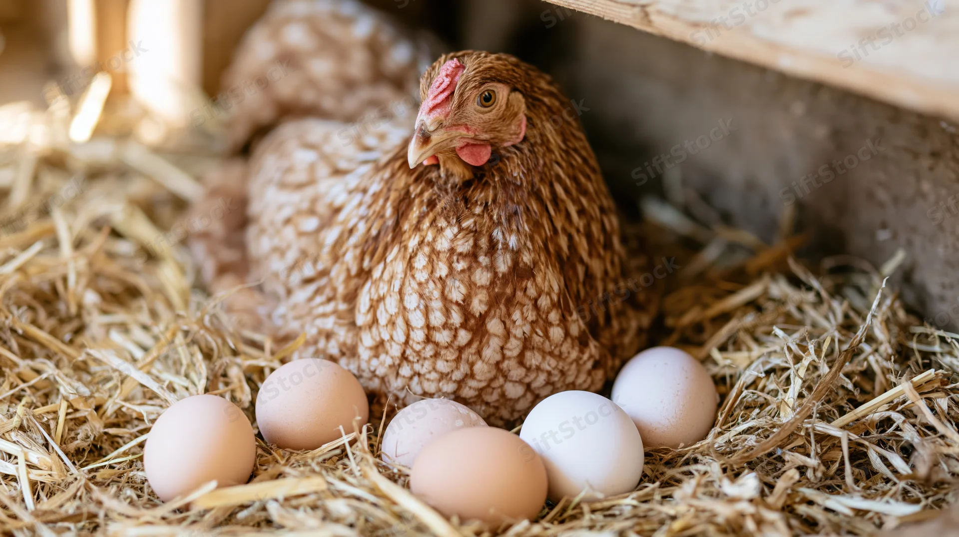 Brown speckled hen sitting alert in straw nest beside five eggs