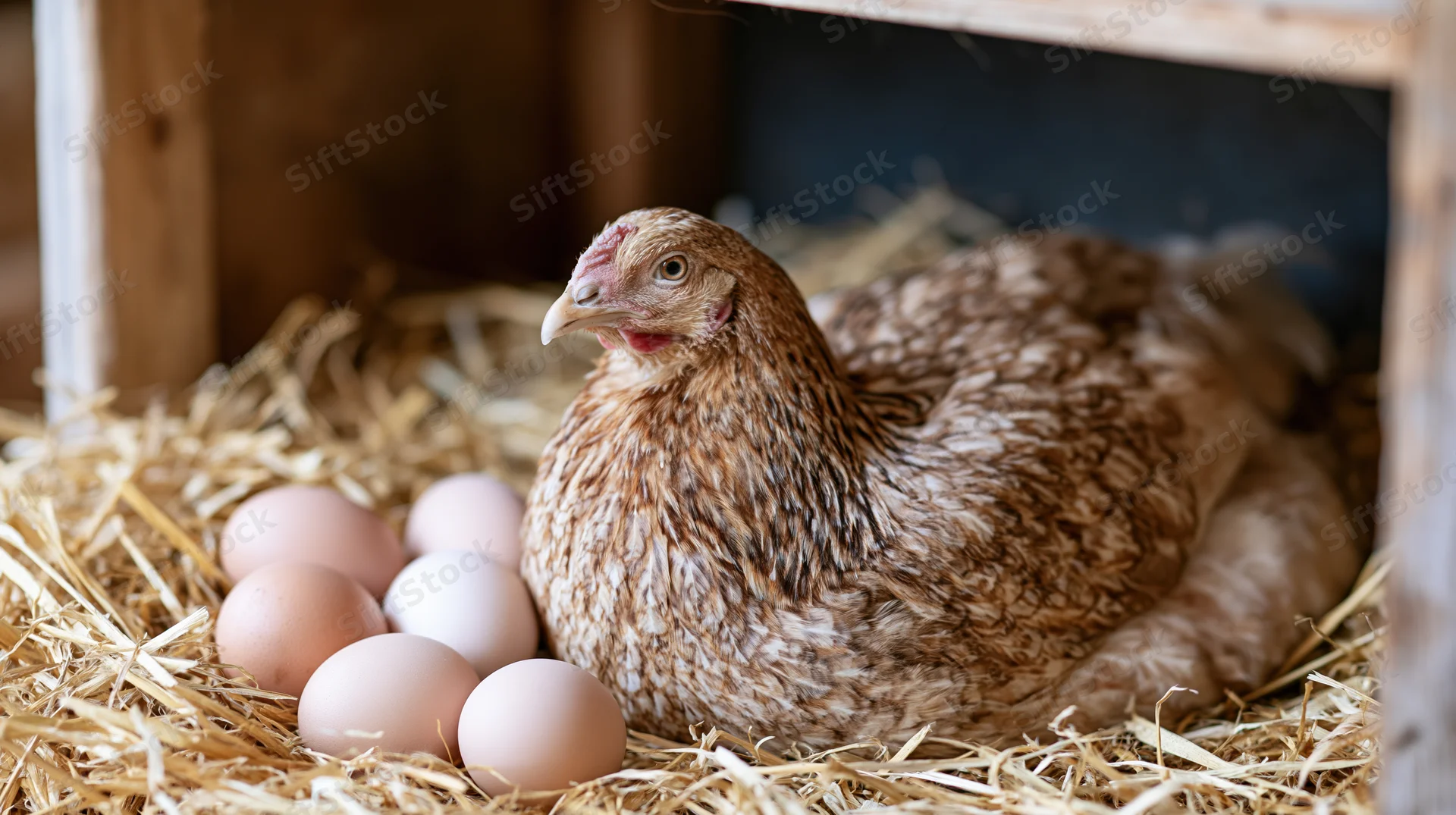 Brown speckled hen sitting alert beside eggs in a straw nest inside a wooden coop