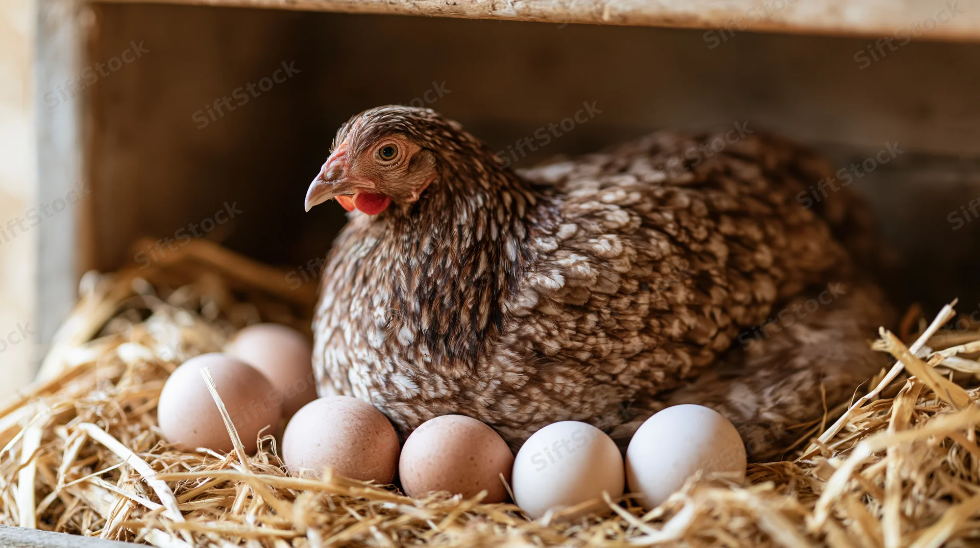 Brown speckled hen sitting alert in a straw nest beside five eggs in a wooden coop