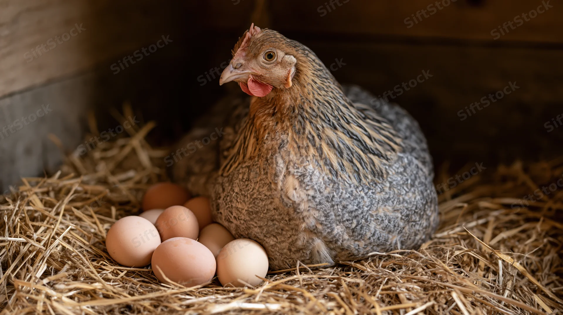 Speckled hen sitting on eggs in a straw nest inside a barn