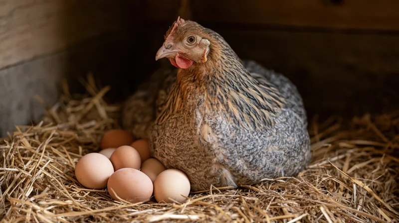 Speckled hen sitting on eggs in a straw nest inside a barn