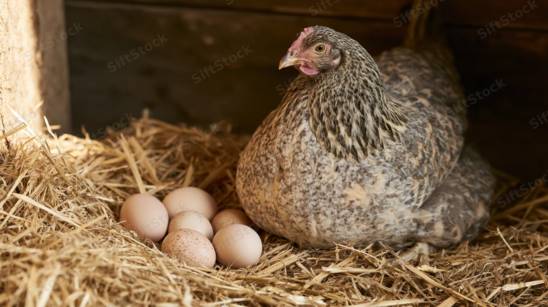 Speckled hen sitting in straw nest beside clutch of eggs in barn