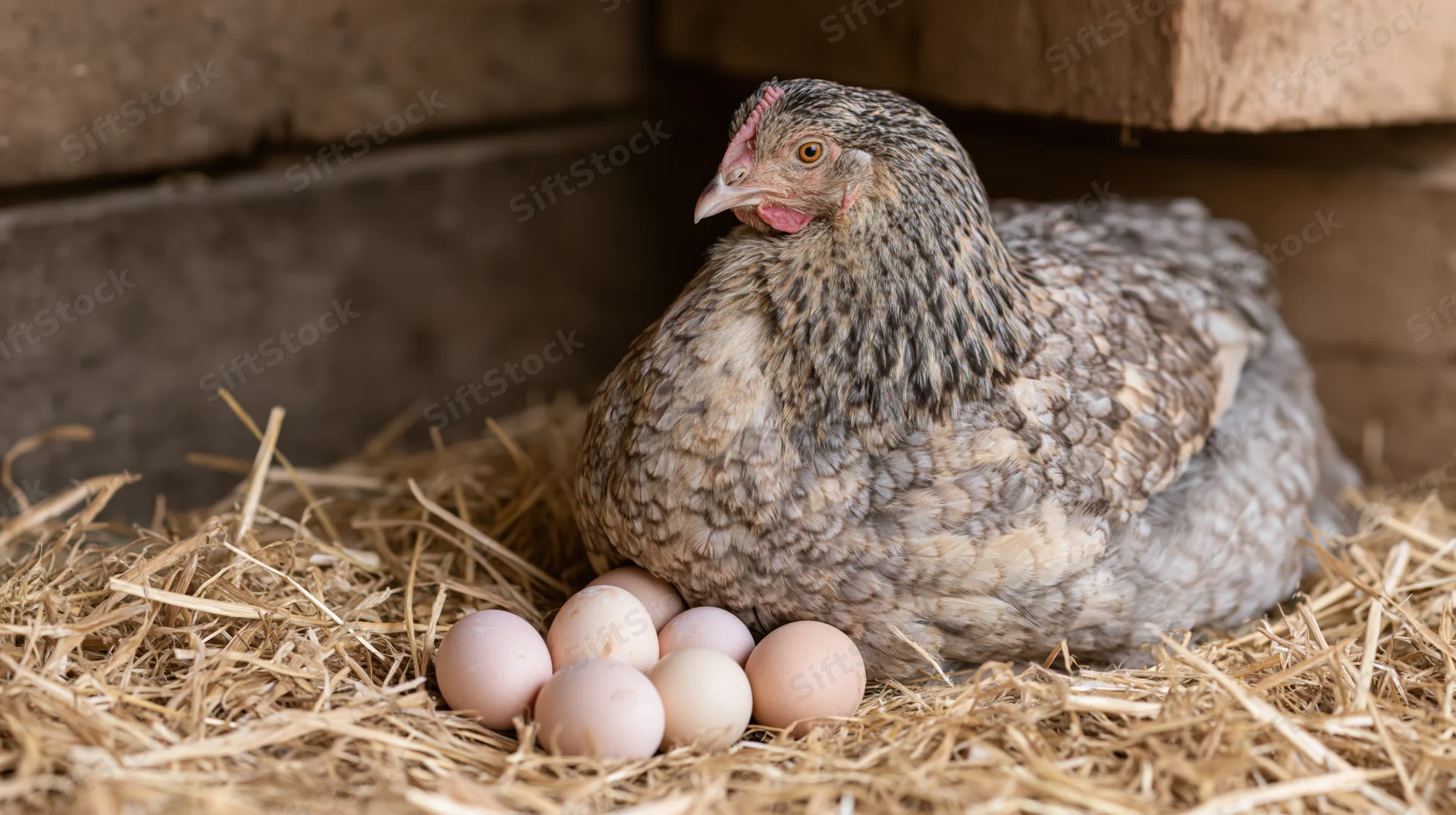 Speckled hen sitting on eggs in a straw nest inside a wooden coop