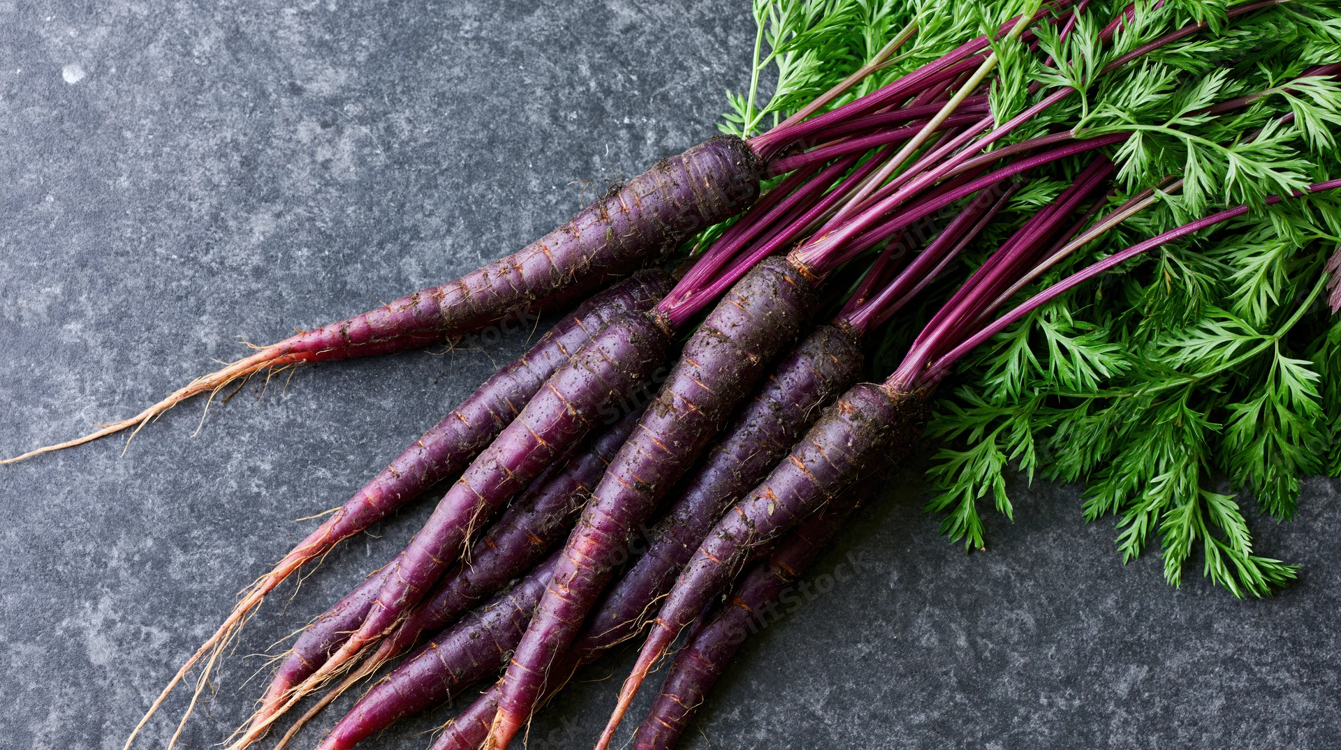 Bunch of fresh purple carrots with leafy green tops on dark stone surface