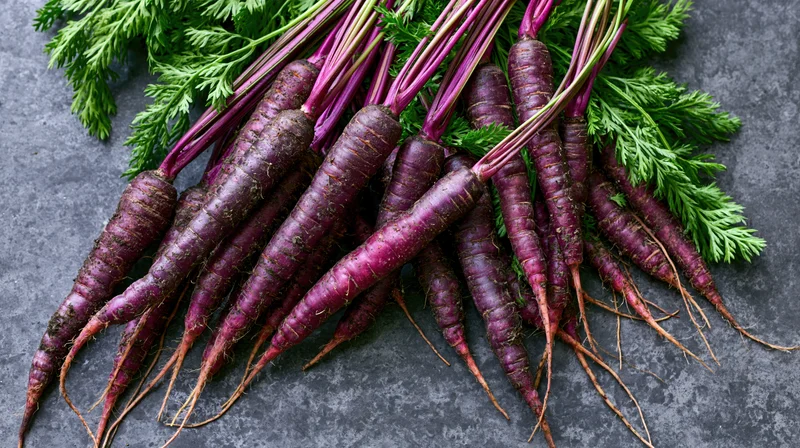 Bunch of fresh purple carrots with leafy green tops on dark stone surface
