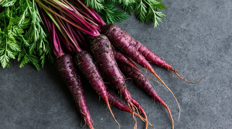 Bunch of fresh purple carrots with leafy green tops on dark stone surface