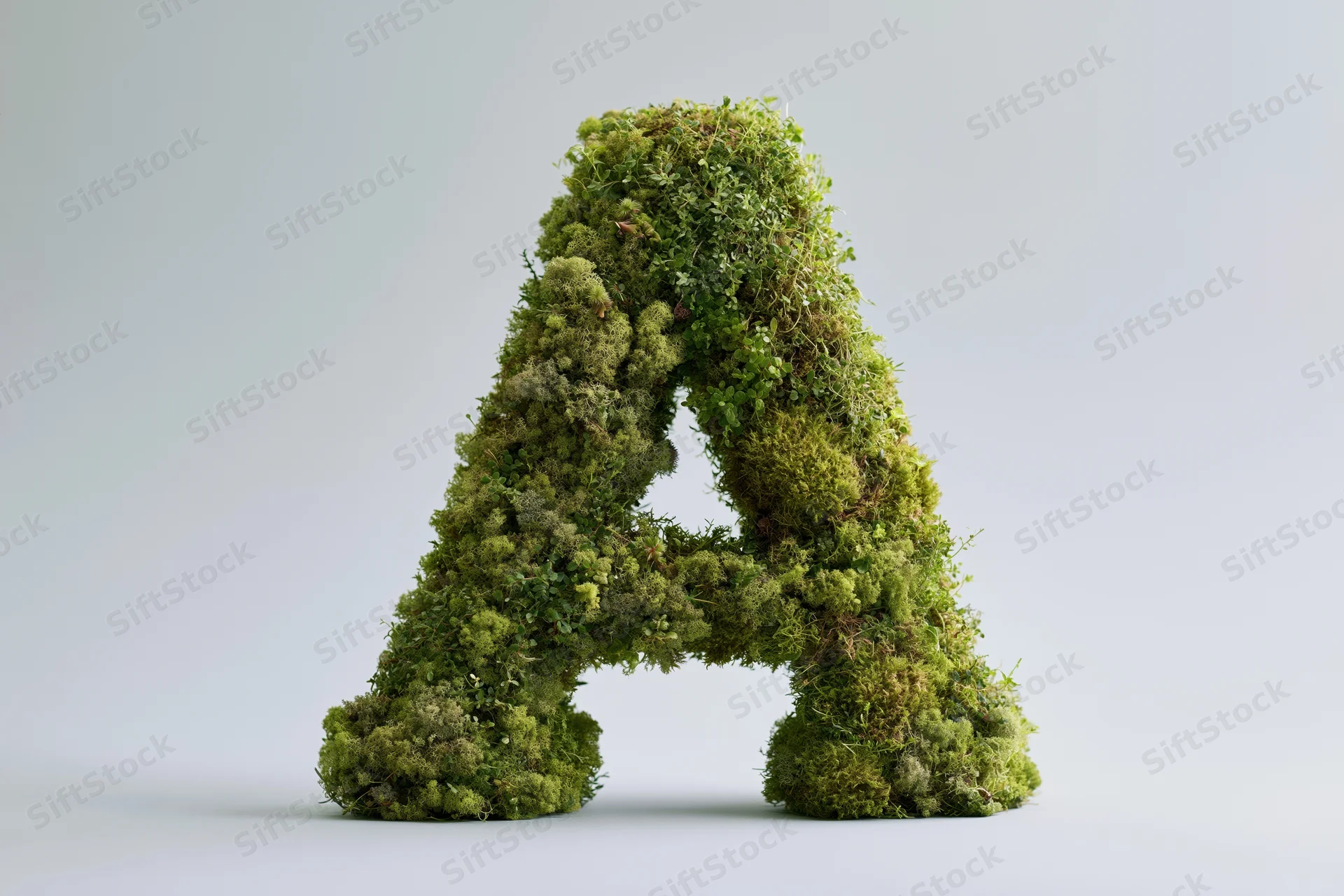 Moss-covered capital letter A sculpture on white background