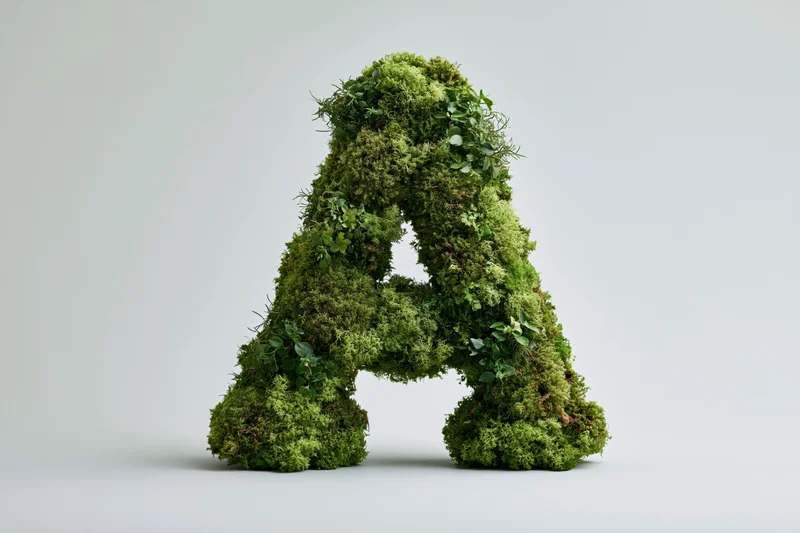 Moss-covered capital letter a sculpture on white background