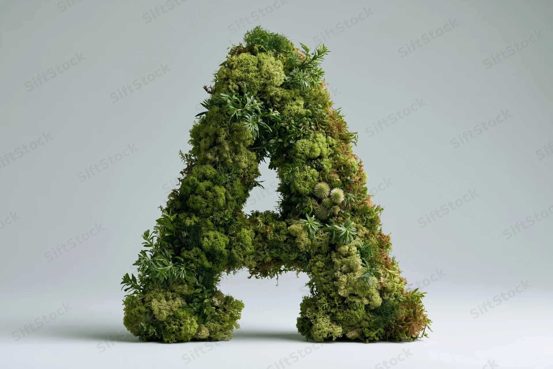 Capital letter a shaped from dense living moss on a white background