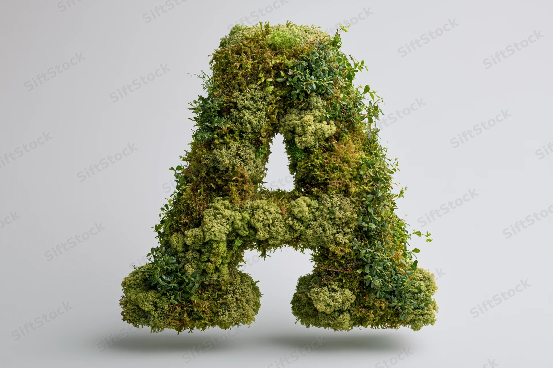 Capital letter a shaped from dense living moss against a white background