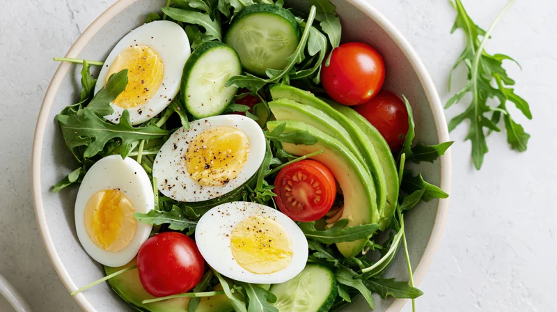 Ceramic bowl filled with arugula salad topped with halved boiled eggs, avocado, cherry tomatoes, and cucumber slices on light surface