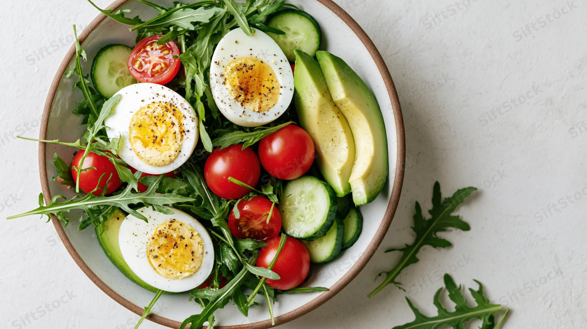 Ceramic bowl of fresh salad with halved boiled eggs, arugula, avocado, tomato, and cucumber on white surface