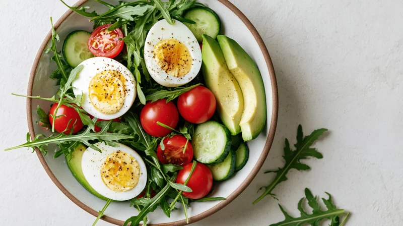 Ceramic bowl of fresh salad with halved boiled eggs, arugula, avocado, tomato, and cucumber on white surface