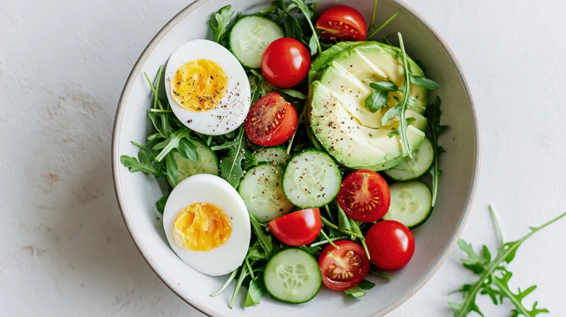 Ceramic bowl of salad with halved boiled eggs, avocado, tomatoes, cucumbers, and arugula on white surface