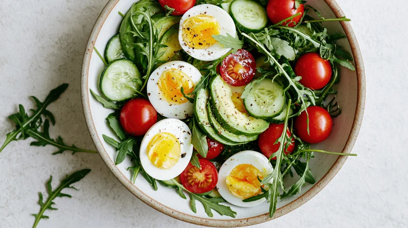 Ceramic bowl filled with fresh salad of arugula, sliced cucumber, cherry tomatoes, and halved boiled eggs on a white surface