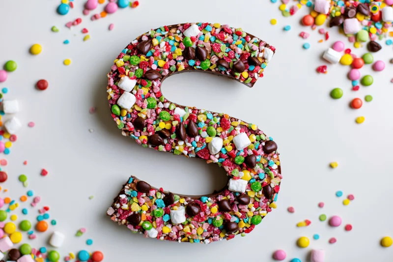 Chocolate letter s covered in colorful candies and marshmallows on white surface
