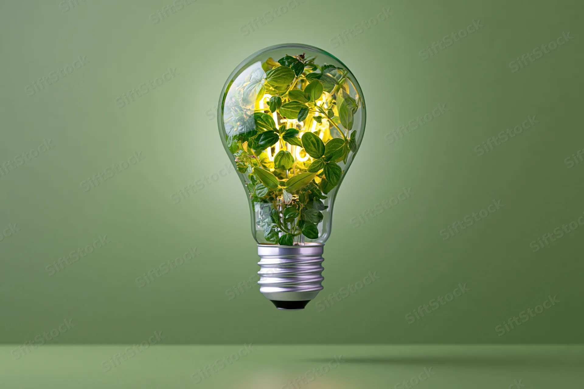 Lightbulb containing green plants glowing against a green background