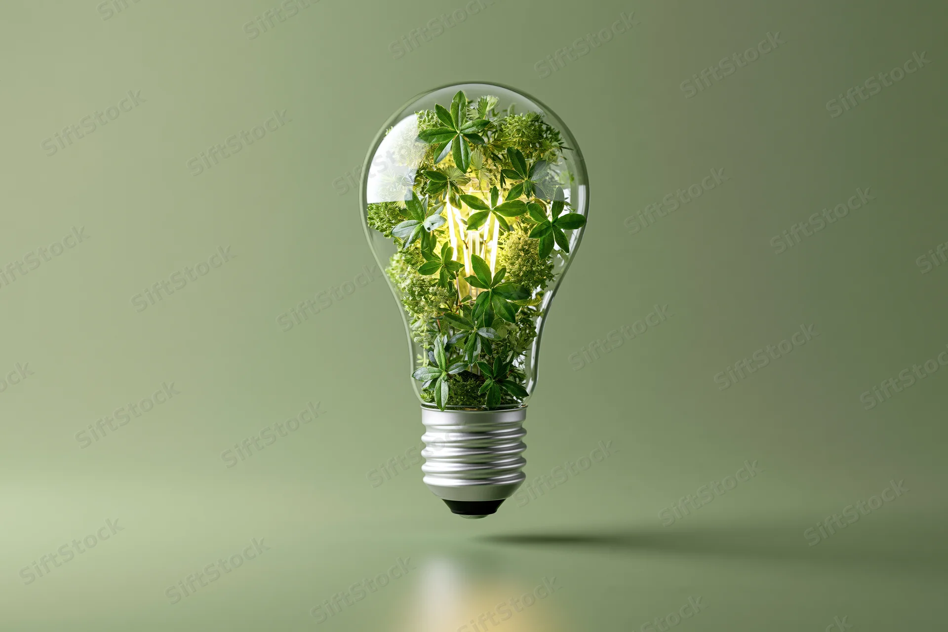Lightbulb filled with green plants floating against a muted green background