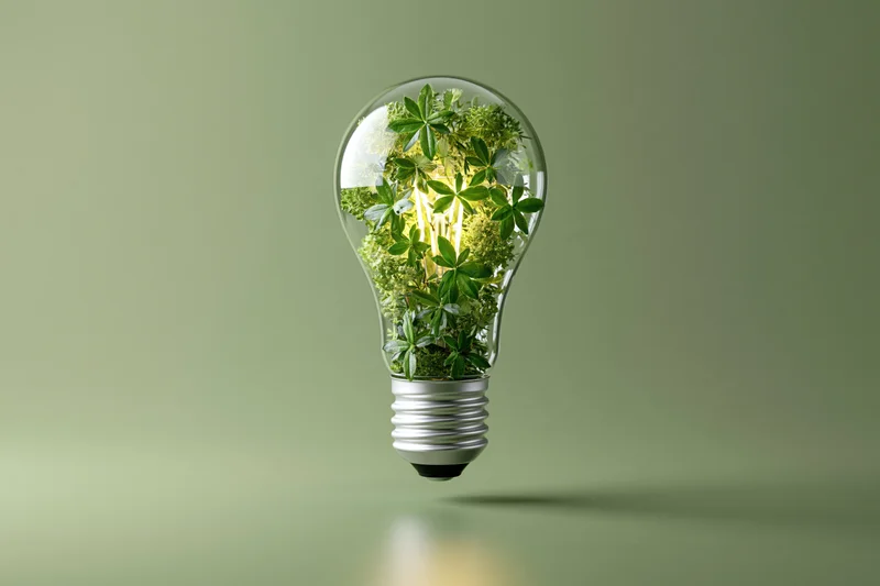 Lightbulb filled with green plants floating against a muted green background