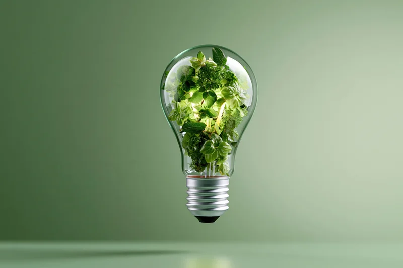 Lightbulb filled with green plants against a green background